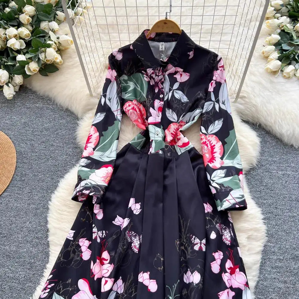 Elegant Court Style Long Printed Dress – Women&