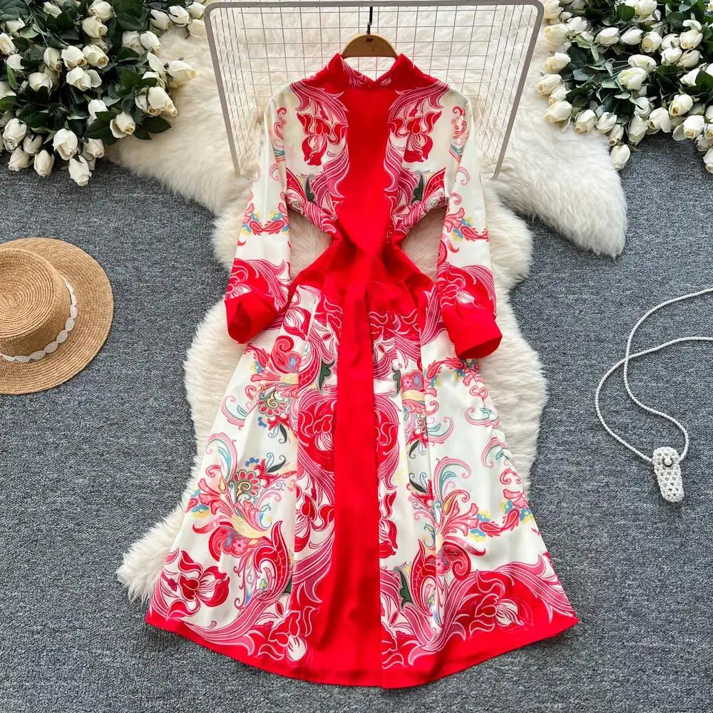 Elegant Court Style Long Printed Dress – Women&