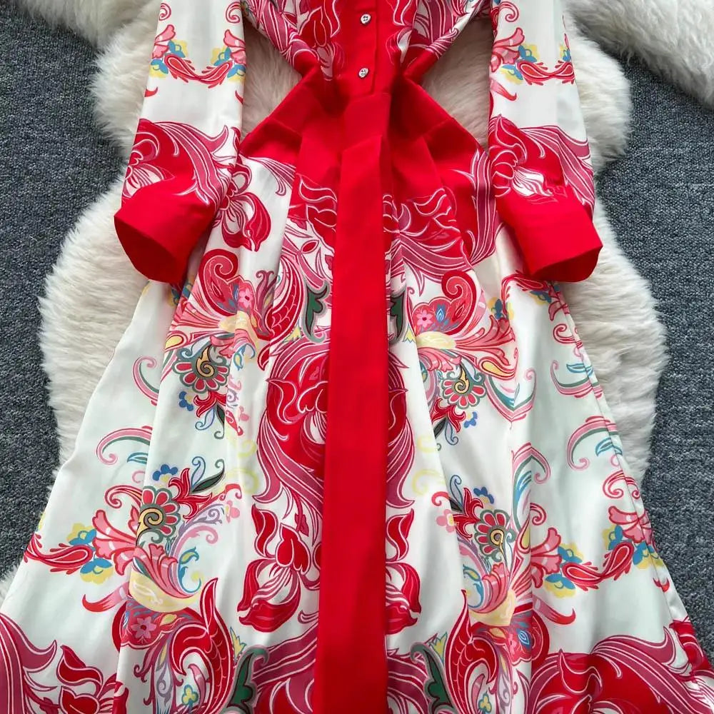 Elegant Court Style Long Printed Dress – Women&