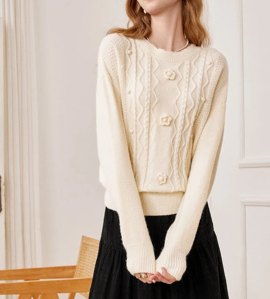 Women's Flower Embroidered Round Neck Sweater – Knit Top