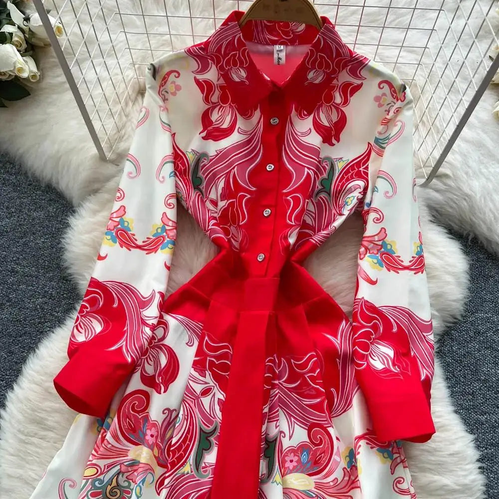 Elegant Court Style Long Printed Dress – Women&
