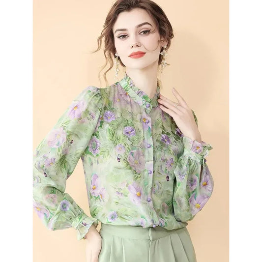 Women's Korean Floral Tops – French Fungus Collar Outer Shirt
