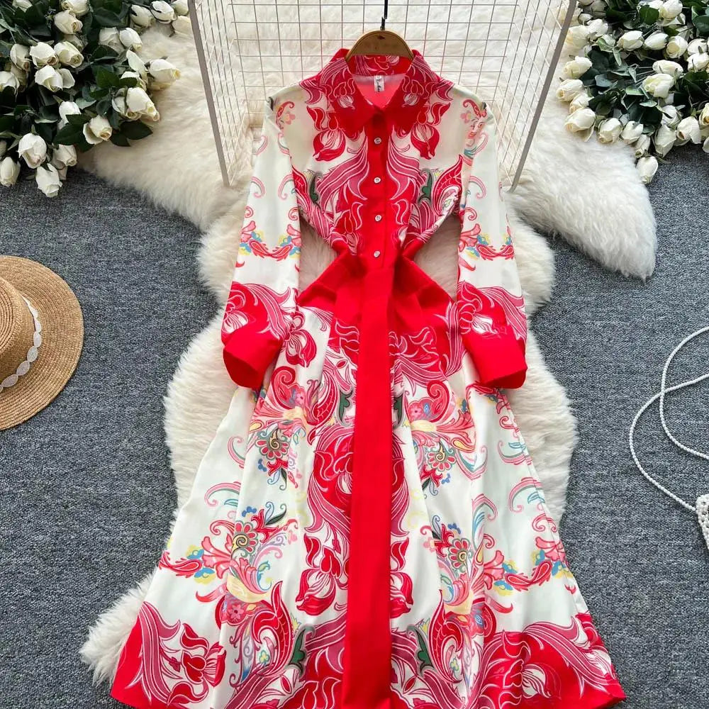 Elegant Court Style Long Printed Dress – Women&