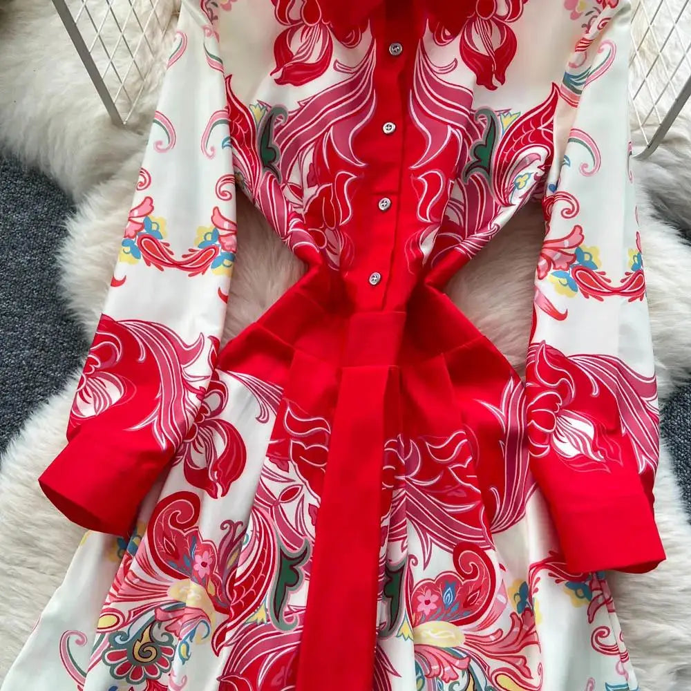 Elegant Court Style Long Printed Dress – Women&