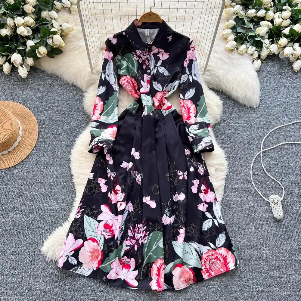 Elegant Court Style Long Printed Dress – Women&