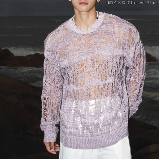 Men's Openwork Long-sleeve Knitted Sweater – See-through Style