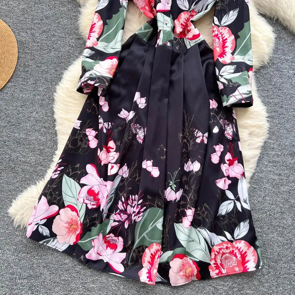 Elegant Court Style Long Printed Dress – Women&