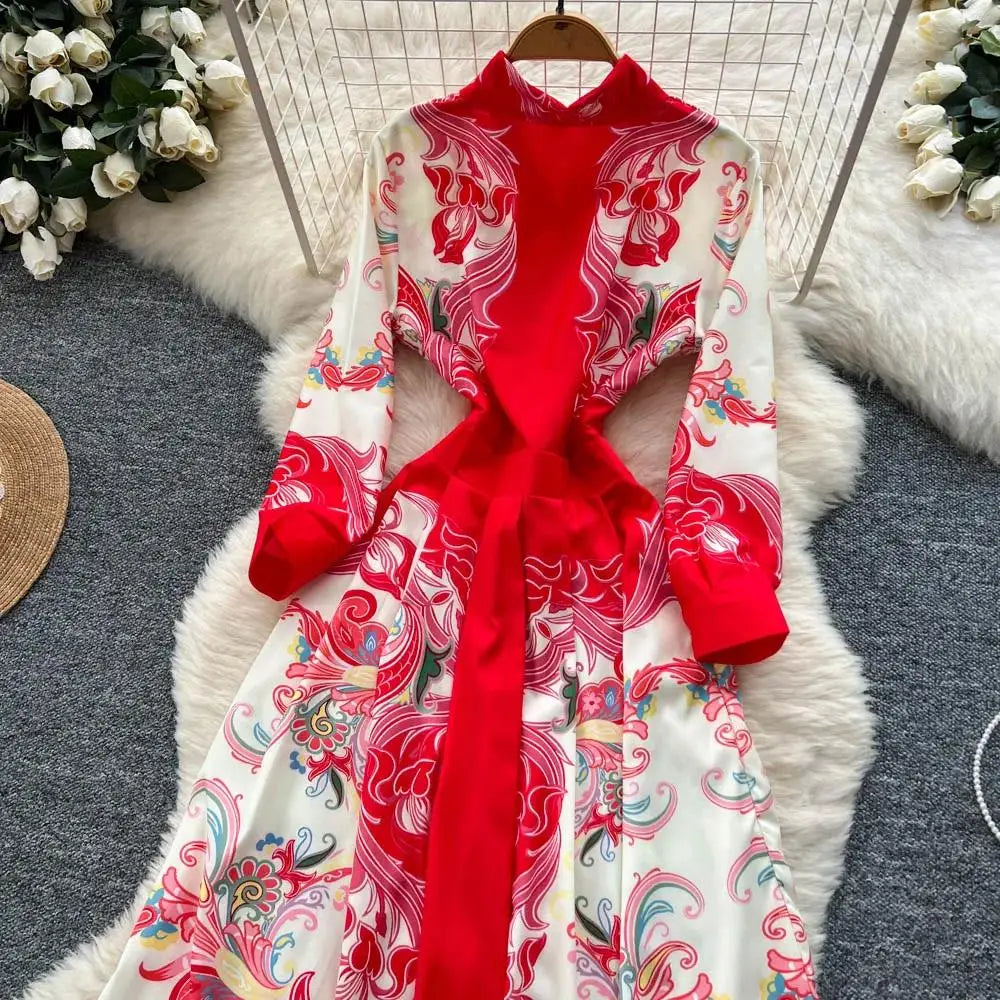Elegant Court Style Long Printed Dress – Women&