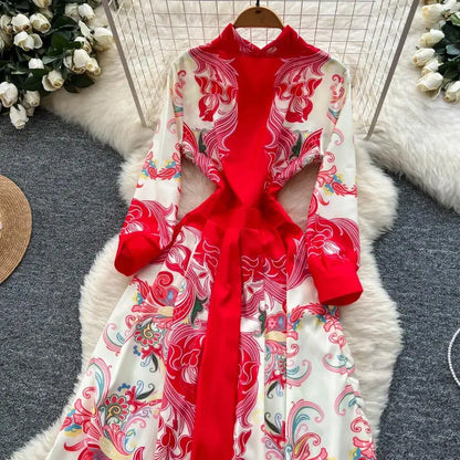 Elegant Court Style Long Printed Dress – Women&