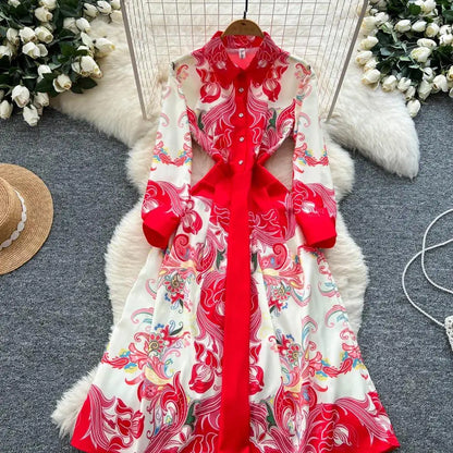 Elegant Court Style Long Printed Dress – Women&