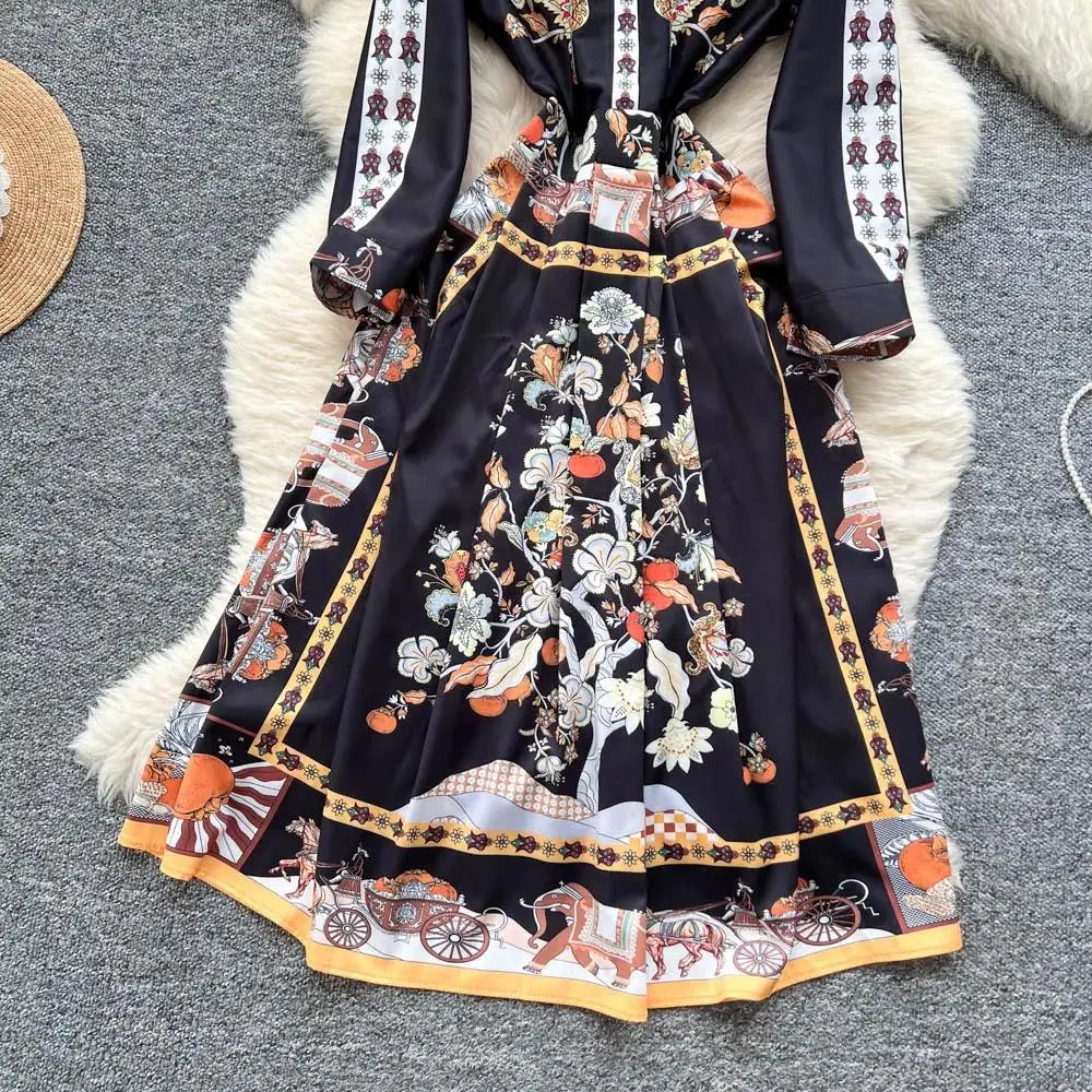Elegant Court Style Long Printed Dress – Women&