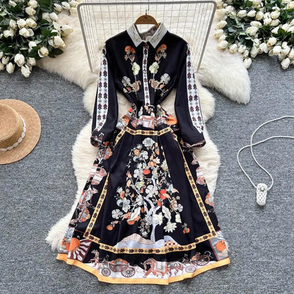 Elegant Court Style Long Printed Dress – Women&