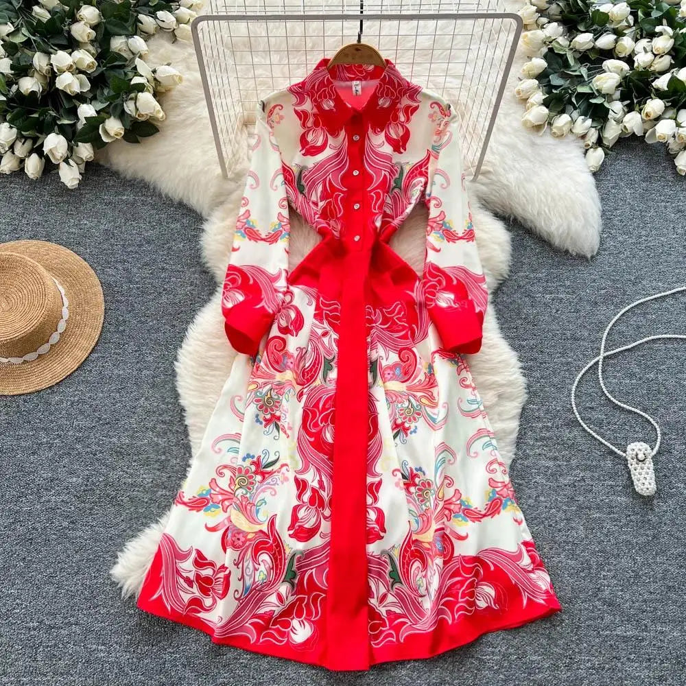 Elegant Court Style Long Printed Dress – Women&