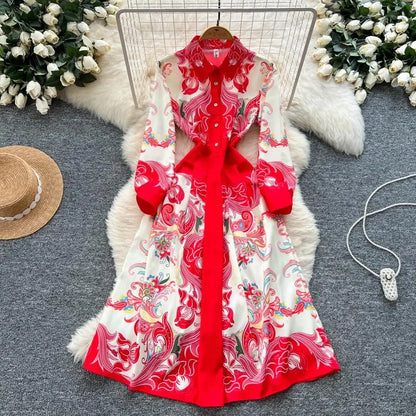 Elegant Court Style Long Printed Dress – Women&