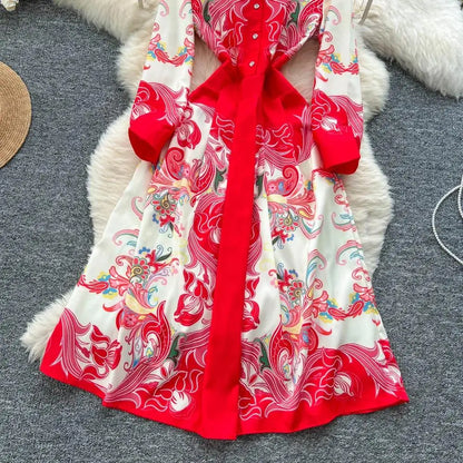 Elegant Court Style Long Printed Dress – Women&