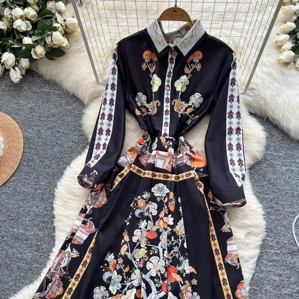 Elegant Court Style Long Printed Dress – Women&