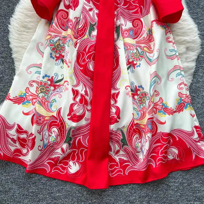 Elegant Court Style Long Printed Dress – Women&